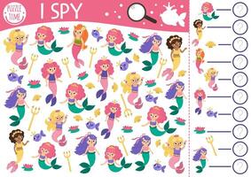 Mermaid I spy game for kids. Searching, counting activity with trident, water lily, seashell, fish. Fairytale ocean kingdom printable worksheet for children. Simple marine spotting puzzle vector