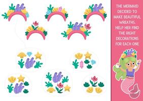 Mermaid matching activity with headbands and their constituent parts. Marine puzzle with sea princess. Match the objects game. Ocean kingdom printable worksheet. Fairytale logical match up page vector