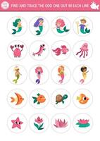 Find the odd one out. Mermaid logical activity for kids. Fairytale ocean kingdom educational quiz worksheet for attention skills. Marine printable game with sea princess, merman, fish, seaweeds vector