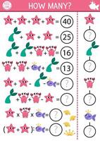 Marine how many starfish game, equation or rebus. Mermaid math activity for school children. Simple fairytale ocean kingdom math printable counting worksheet for kids with crab, tail, fish vector