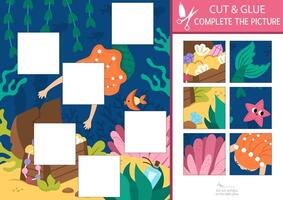 mermaid cut and glue activity. Ocean kingdom crafting game with cute sea princess and marine landscape. Fill up the scene with square sticker. Find the right piece of puzzle. Complete the picture vector