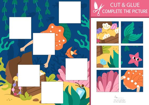 mermaid cut and glue activity. Ocean kingdom crafting game with cute sea princess and marine landscape. Fill up the scene with square sticker. Find the right piece of puzzle. Complete the picture