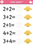 How many seashell section game with cute shells. Fairytale ocean kingdom or summer beach math addition activity for preschool children. Simple marine printable counting worksheet for kids vector
