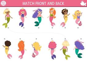Mermaid matching activity with front and back mirror view. Marine puzzle with sea princess reflections. Match the objects game. Ocean kingdom printable worksheet. Fairytale logical match up page vector