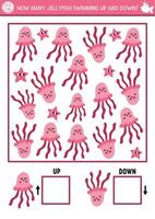 Mermaid logic game with up and down concept for kids with jellyfish. I spy searching, counting activity. Fairytale ocean kingdom printable space orientation worksheet for preschool children vector