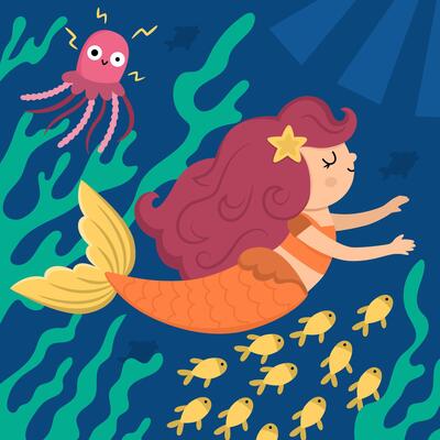 landscape illustration with swimming mermaid with red hair, fish, funny jellyfish. Ocean or sea kingdom scene with seaweeds, marine princess. Cute square fairytale background for kids
