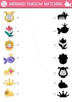 Mermaid shadow matching activity with sea princess accessory. Fairytale ocean kingdom puzzle with cute comb, fish, seashell. Find correct silhouette printable worksheet. Marine page for kids vector