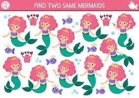 Find two same mermaids. Fairytale ocean kingdom matching activity for children. Marine educational quiz worksheet for kids for attention skills. Simple printable game with sea princess vector