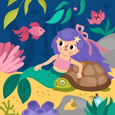 landscape illustration with mermaid with purple hair sitting on sand, hugging tortoise. Ocean, sea kingdom scene with seaweeds, fish, marine princess. Cute square fairytale background for kids