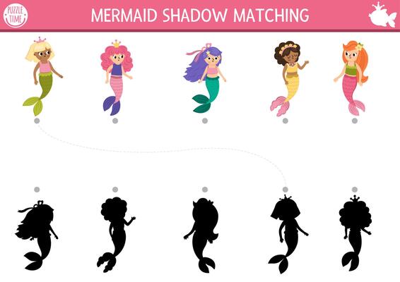 Mermaid shadow matching activity with sea princesses. Fairytale ocean kingdom puzzle with cute girls with tails. Find correct silhouette printable worksheet or game. Marine page for kids