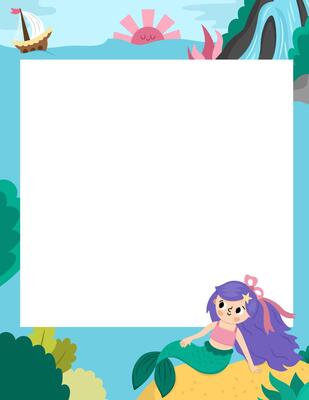 landscape illustration with mermaid lagoon scene and place for text. Ocean or sea scene with marine princess for kids. Cute vertical fairytale marine background or print template