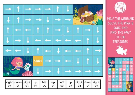 Mermaid logic maze for kids with pirate map and treasure chest. Fairytale ocean kingdom preschool printable activity. Labyrinth game or puzzle with left, right, up, down concept. Find the way