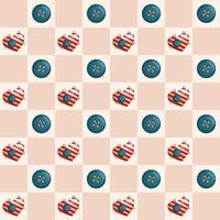 Seamless pattern with hearts, squares and buttons. Geometric repeating gingham pattern, checkered plaid texture. vector