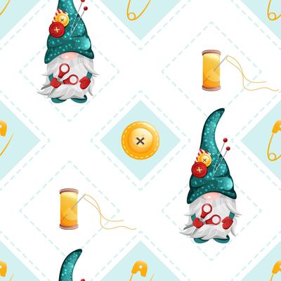 Seamless rhombus pattern with cute gnomes and buttons. Geometric sewing texture with sew thread and needle.
