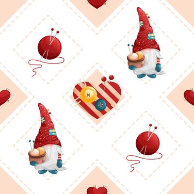 Seamless rhombus pattern with cute gnomes and hearts. Geometric sew texture with buttons, pins and knitting needles.