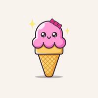Cute pink ice cream cone with a happy face and a bow. Perfect for kawaii-themed designs, kids' prints, summer graphics, stickers, and fun cartoon illustrations. vector