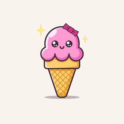 Cute pink ice cream cone with a happy face and a bow. Perfect for kawaii-themed designs, kids' prints, summer graphics, stickers, and fun cartoon illustrations.