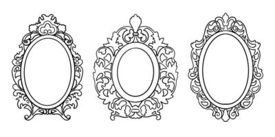 Hand Drawn Oval Mirror Frames Line Set in Vintage Style vector