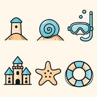 Cute beach icon set with sandcastle, starfish, lifebuoy, shell, lighthouse, and snorkel mask. Perfect for summer designs, kids themes, travel, and seaside graphics. vector