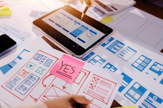 A person is working on a tablet with a paper and sticky notes photo