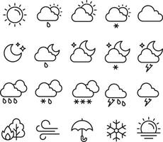 Thin line icon set of weather conditions sunny snowy rainy stormy partly cloudy clear sky. Pixel perfect icons, editable stroke. vector