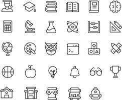 Thin line icon set of education learning knowledge school academic study, graduation. Symbol collection of book, brain, calculator, microscope, flask atom abacus. Pixel perfect icons editable stroke. vector
