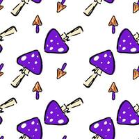 Hand-drawn seamless pattern featuring two types of poisonous mushrooms purple with white spots and small orange caps. vector