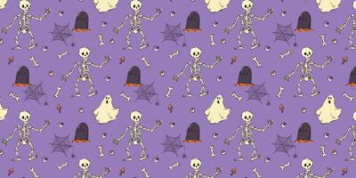 Seamless Halloween pattern featuring dancing skeletons, spooky ghosts, tombstones, spiderwebs, eyeballs, mushrooms, and bones on a purple background. vector
