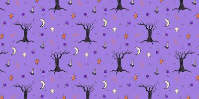 Seamless Halloween pattern with bare haunted trees, glowing candles, crescent moons, stars, mushrooms, and twigs on a purple background. vector