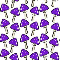 Hand-drawn seamless pattern featuring spooky purple mushrooms with white spots on a white background. vector