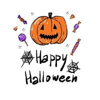 Cute and spooky Halloween illustration with a carved pumpkin, colorful candies, spiderwebs, and hand-lettered Happy Halloween text. vector