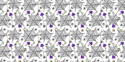 Seamless Halloween pattern featuring hand-drawn spiderwebs, creepy bones, cartoon spiders, eyeballs, and magical mushrooms. vector