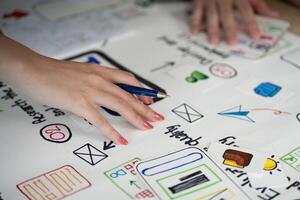 UX Design Collaboration. Hands on a brainstorming session with sketches and notes. photo