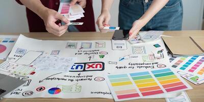 Collaborative Design Process. Two young professionals brainstorming and organizing ideas on a project. photo