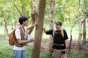 Father and Son Learning Together. Discussing nature during a hike. photo
