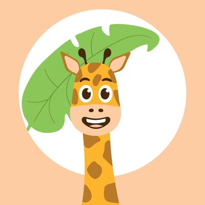 Smiling Giraffe with tropical Leaf for children design and zoo. Spotted cheerful cute Animal with long neck and Palm tree in circle. Africa, safari. Cartoon character and nature. illustration