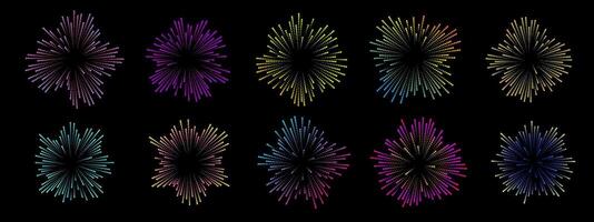 Colorful soundwave patterns in circular shapes on a black background. The design features various vibrant colors and dynamic wave forms, representing music and sound vector