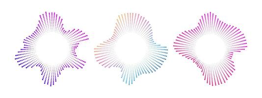 A set of circular multicolor burst ray equalizers . Radial sound, frequency sound neon waves . Pulsating music design element, voice graphic signal, circular waves . radial spectrum. vector