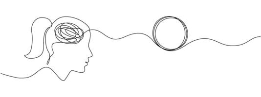 Head of a woman with a tangled mind transitioning into an unraveling thread of thoughts, one continuous editable line. concept of chaos and order in thoughts, mental health, problem solving. vector