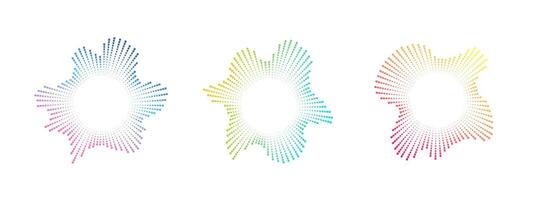 A set of circular multicolor equalizers from bursting rays of musical sound. Radial sound, frequency sound neon waves . Pulsating music design element, circular waves. radial spectrum. vector