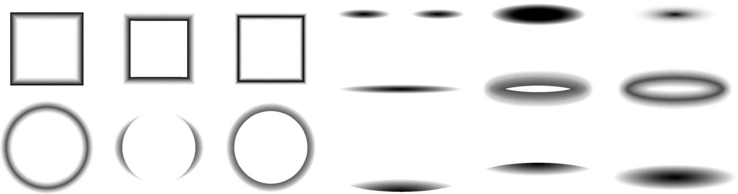 Various geometric shapes and gradients presented in a monochrome style with distinct outlines and shading effects.
