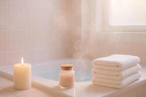 Serene bathroom oasis featuring candles, bath salts, and soft towels for a perfect relaxation concept of spa, tranquility, and self-care retreat at home photo
