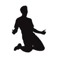 Silhouette of a man kneeling, celebrating victory, joyful expression, dynamic pose, isolated on white background, graphic design element, illustration. vector