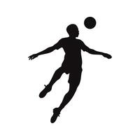 Silhouette of a soccer player heading a ball during a dynamic aerial maneuver, showcasing athleticism and skill in a powerful pose against a white background. vector