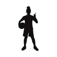 Silhouette of a girl holding a basketball and pointing upward, a full-body shot against a white background, conveying a concept of achievement and success in vector