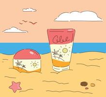 Essential items for a perfect day at the beach Sun Cream and Sunscreen in a Tropical Setting vector