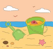 A Colorful Beach Bucket and Shovel in Soft Sand Under a Bright Sky, Great for Summer Fun vector