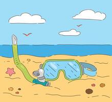 Bright and Colorful Snorkeling Gear Gracefully Spread Out on the Soft, Sandy Beach vector