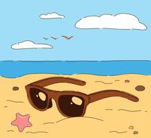 Stylish and Trendy Sunglasses on a Beautiful Sandy Beach During a Relaxing Summer Day vector