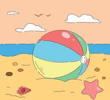 A Colorful Beach Ball sitting on a Sandy Beach surrounded by Shells and Starfish scattered around vector